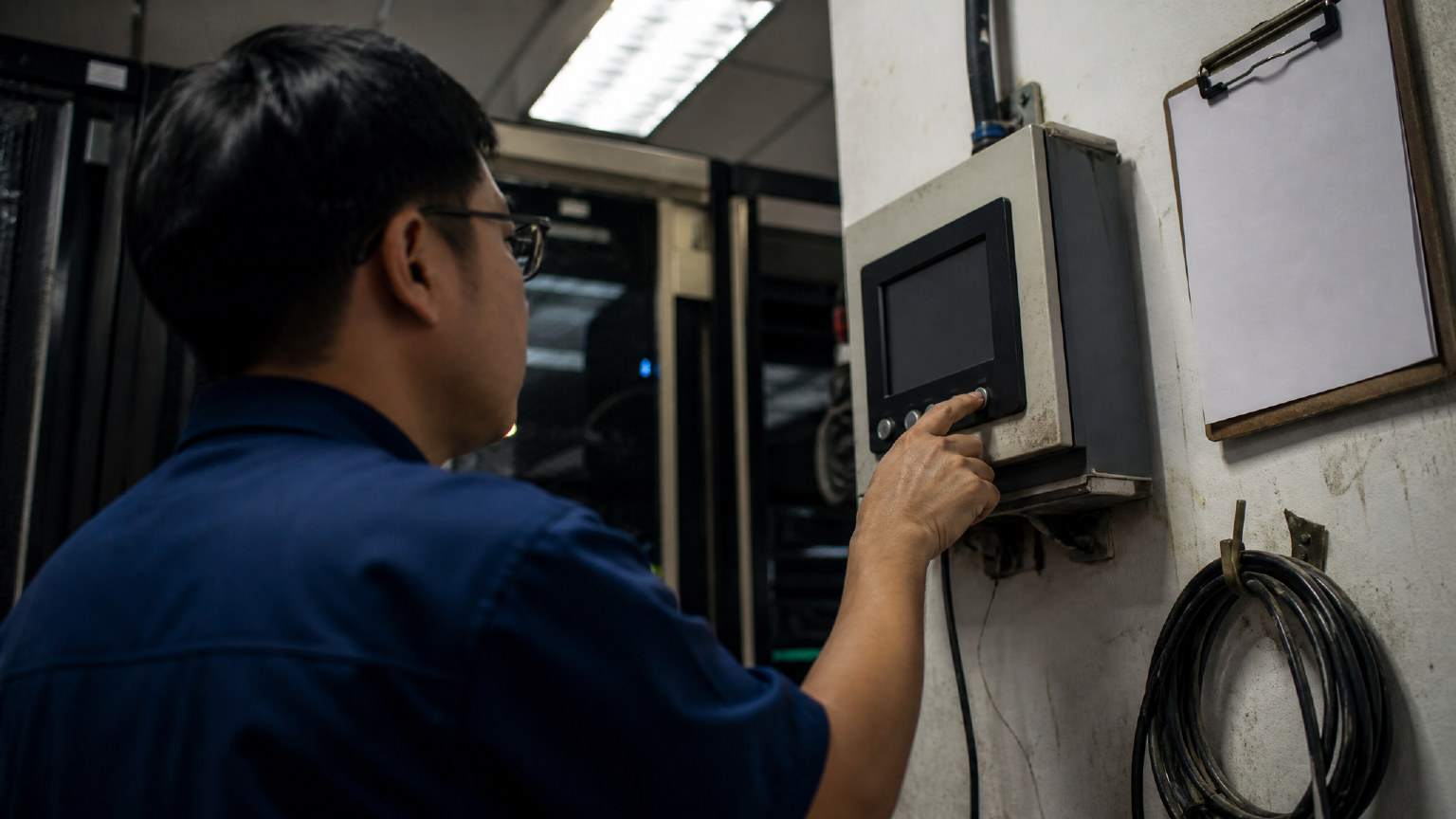Close-up of service restart in a managed server room