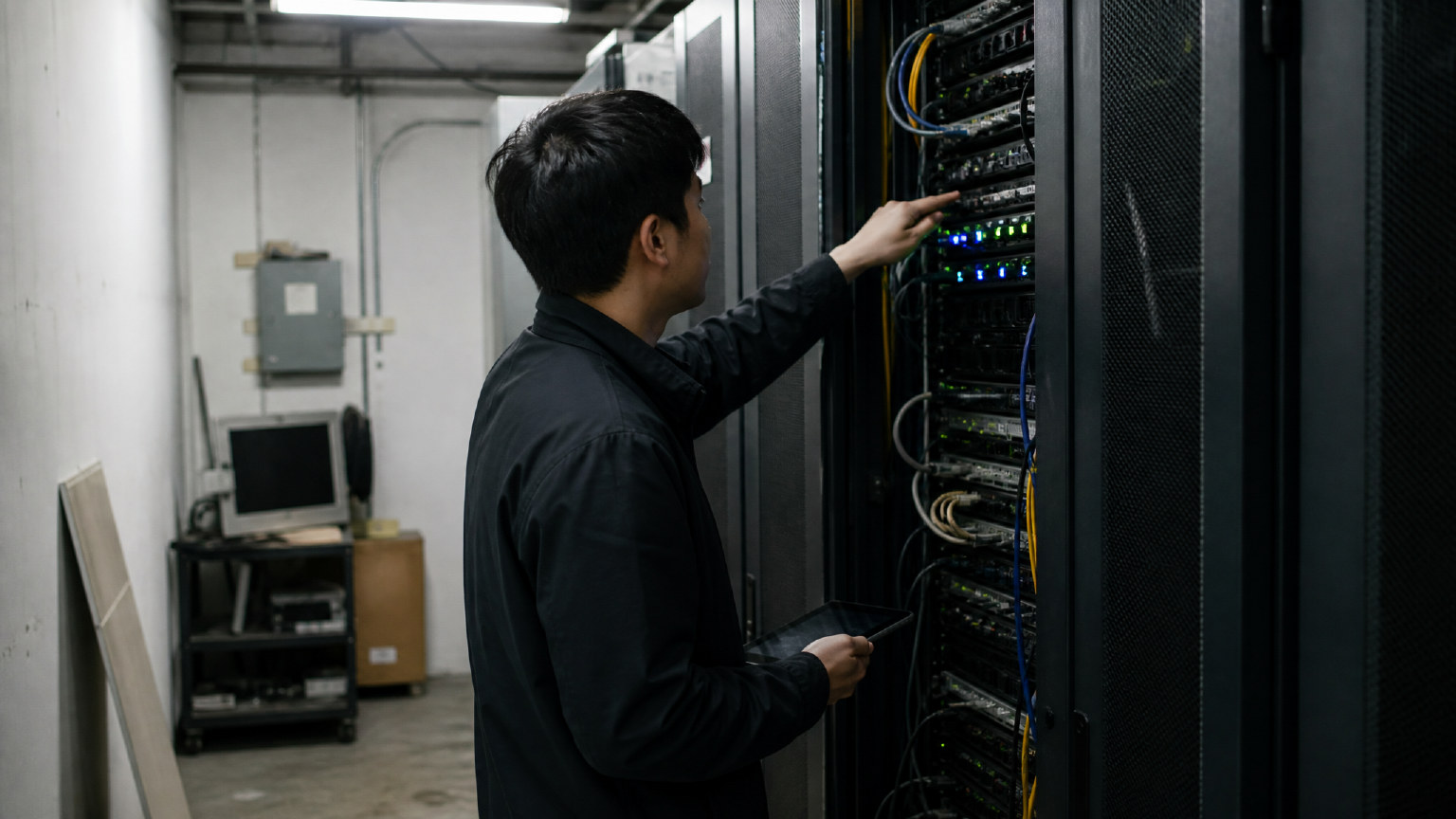 Service infrastructure being checked in a back room